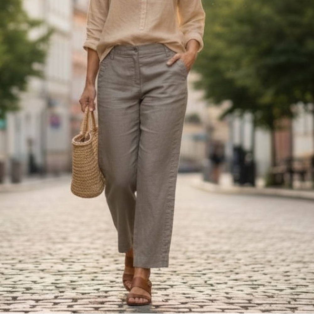 Sandro Taupe 100% Linen Trouser Straight Leg Pants